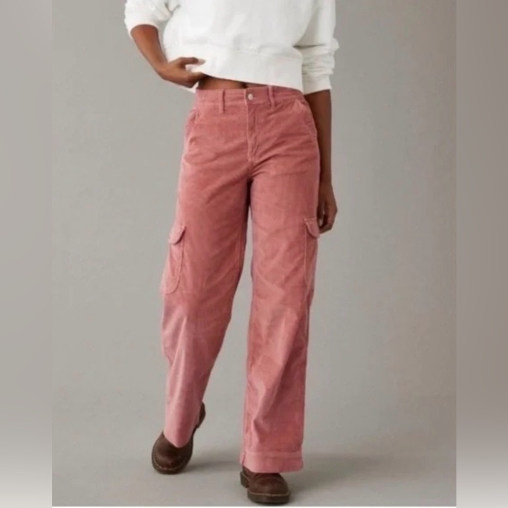 American Eagle Corduroy Cargo Pants in Dusty Rose - Women's Wide Leg Size 18 Reg